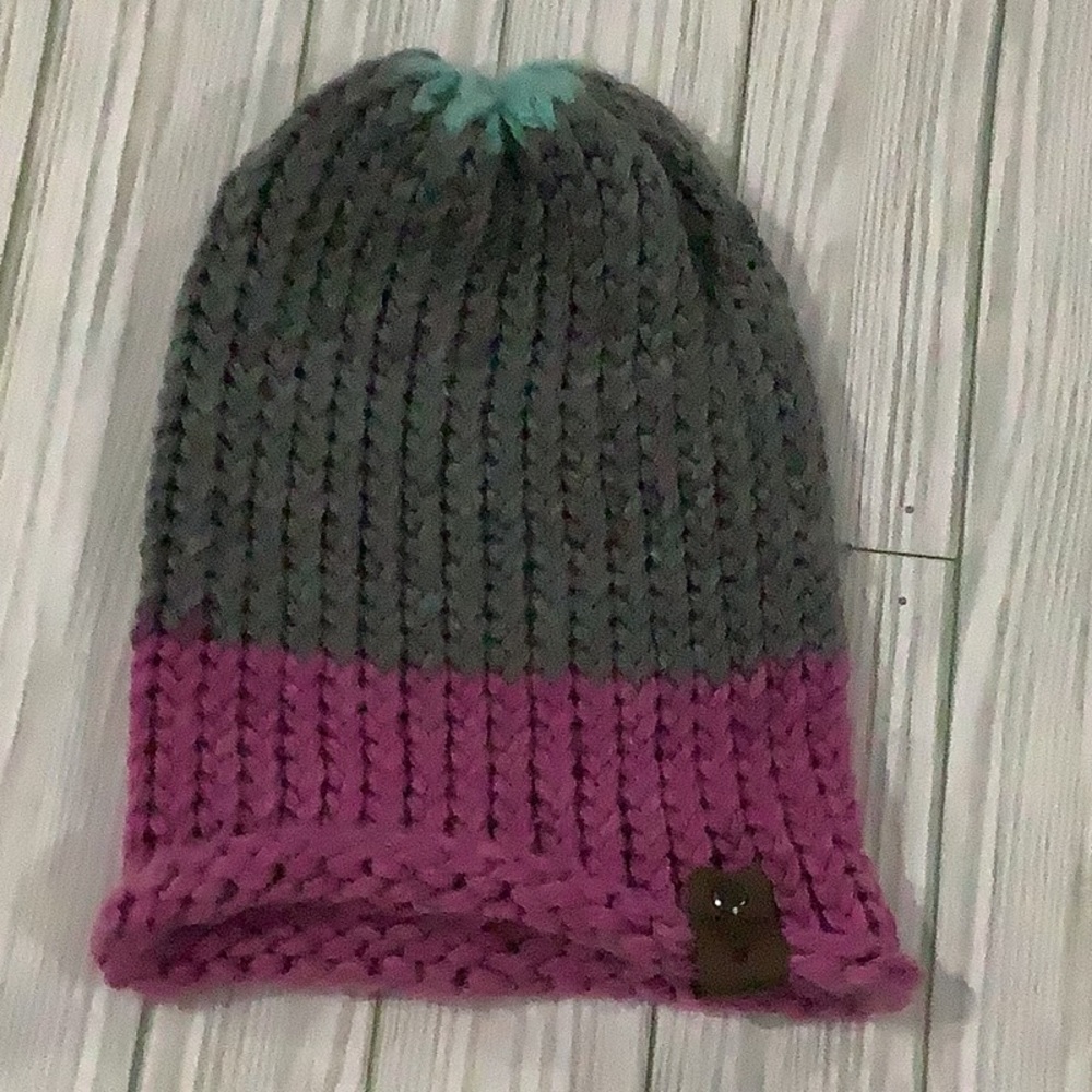 Handmade knitted purple gray winter hat